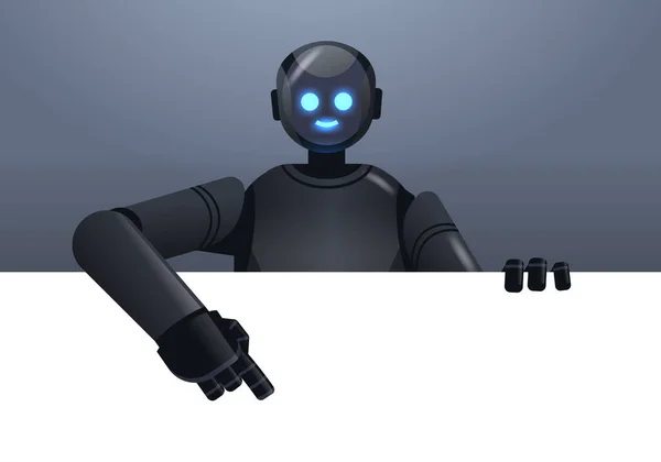 空の空白のホワイトボードを指している黒いロボットのサイボーグ現代のロボットキャラクター人工知能技術 — ストックベクタ