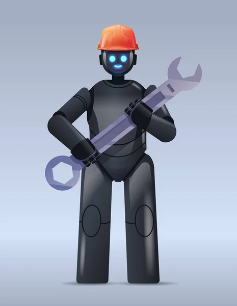 Modern black robot in helmet holding wrench repair service artificial intelligence concept vertical — Stock Vector