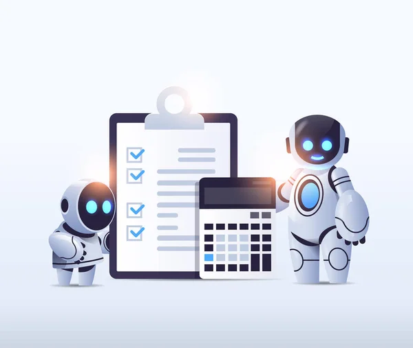 Roboti se schránkou a kalkulačkou sestava finančních údajů proces zpracování analýzy účetnictví — Stockový vektor
