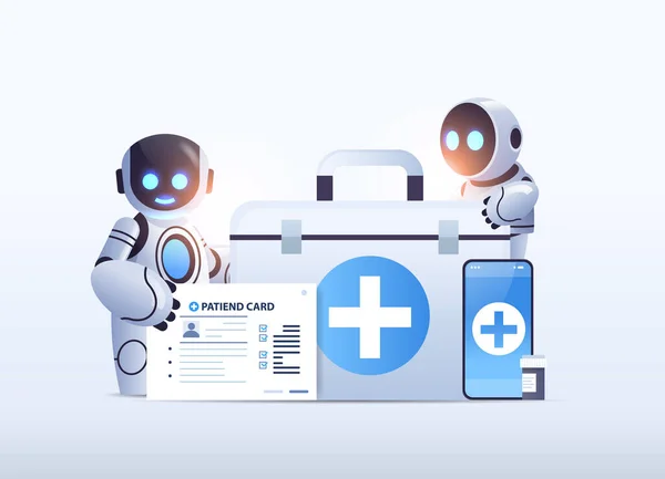 Ρομποτικοί γιατροί με πρώτες βοήθειες ιατρικό κιτ και ιατρική κάρτα ασθενούς τεχνολογία τεχνητής νοημοσύνης — Διανυσματικό Αρχείο