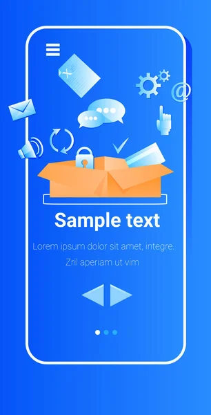 Social media iconen in kartonnen doos online communicatie concept verticaal — Stockvector