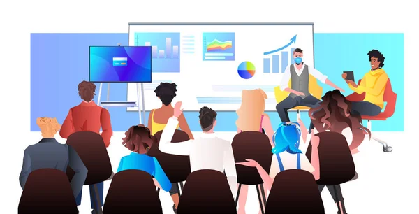 Homme d'affaires faisant la présentation financière gens d'affaires discutant ensemble dans la salle de conférence — Image vectorielle