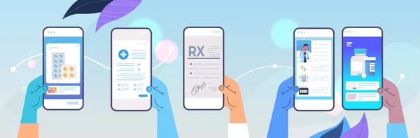 Mains humaines en utilisant des applications mobiles médicales sur les écrans de smartphone consultation en ligne médecine soins de santé — Image vectorielle