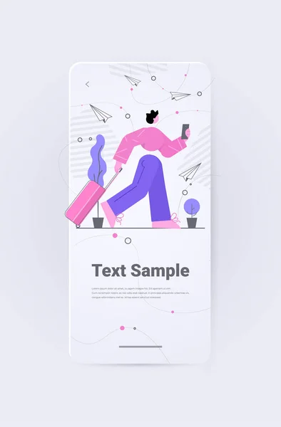 Man resenär med bagage bokning köpa eller söka online flygbiljetter i mobilapp resor turism semester — Stock vektor