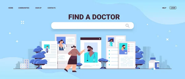 Vrouw patiënt kiezen huisarts in web browser ramen gezondheidszorg geneeskunde concept — Stockvector