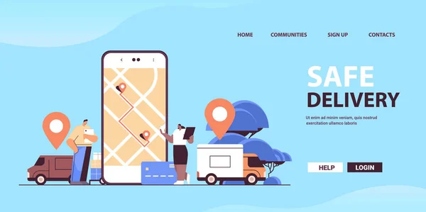 Bezpečné doručení služby lidé pomocí on-line dopravy a logistické digitální nákupní aplikace na obrazovce smartphone — Stockový vektor
