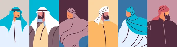 Sada arabských lidí avatary sbírka mužské ženy arabské kreslené postavičky v tradičním oblečení portrét — Stockový vektor