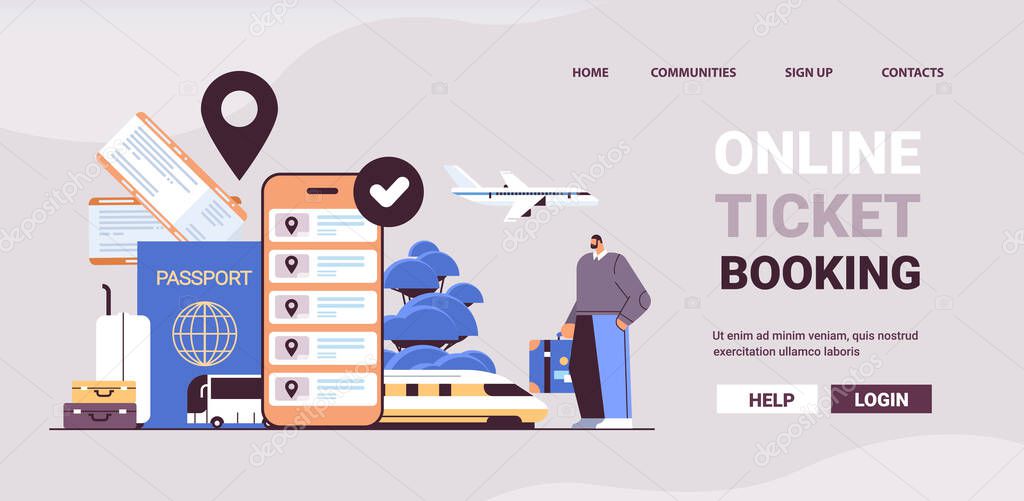 man traveler with baggage buying or searching tickets in mobile app online ticket booking traveling concept