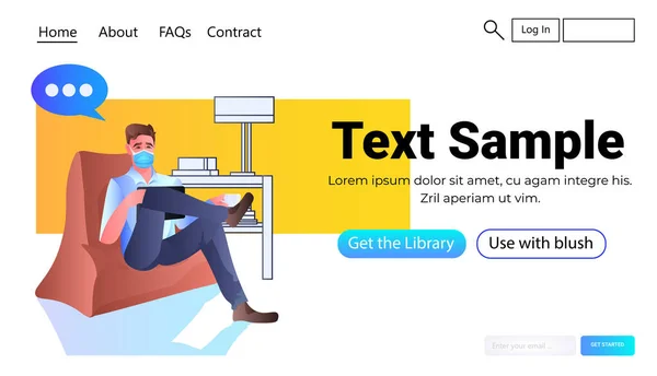 Uomo d'affari in maschera discutere durante la videochiamata chat bolla comunicazione online coronavirus quarantena — Vettoriale Stock