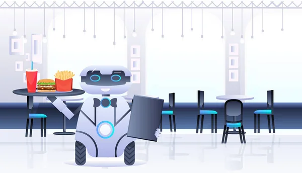 Garçom robô humanoide carrega bandeja com alimentos e bebidas em restaurante conceito de tecnologia de inteligência artificial — Vetor de Stock