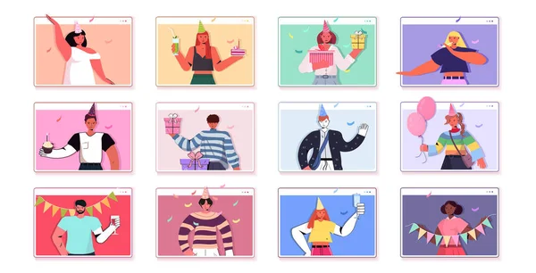 Set people in festive hats celebrando en línea cumpleaños fiesta hombres mujeres en las ventanas de la computadora divertirse — Archivo Imágenes Vectoriales