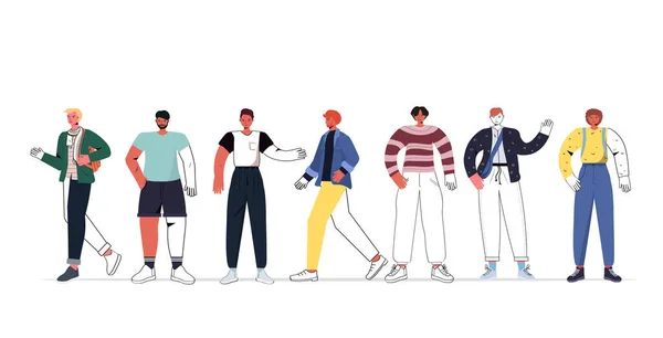 Set mix race mannen in casual trendy kleding mannelijke stripfiguren collectie volledige lengte horizontaal — Stockvector