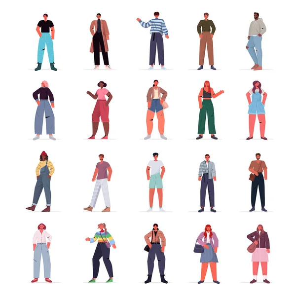 Karışık yarış insanlarını günlük moda kıyafetlerine sokun kadın erkek çizgi film karakterleri koleksiyonu — Stok Vektör