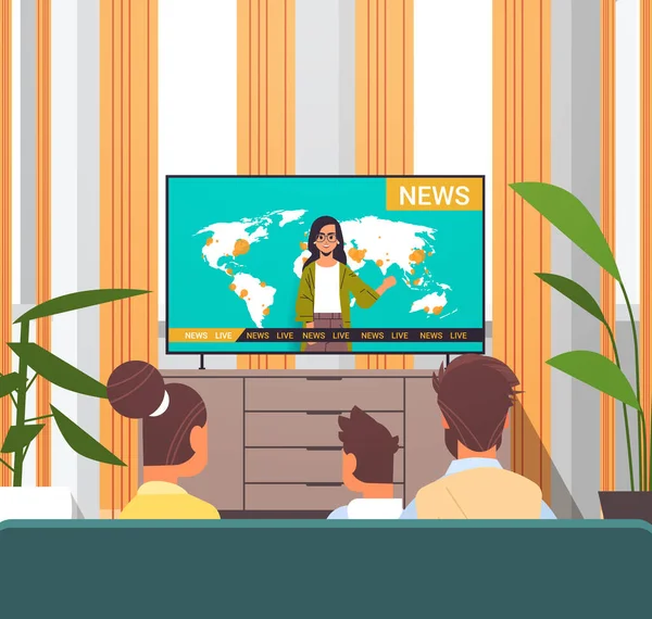 Familia viendo la televisión programa de noticias diarias padres con su hijo pasar tiempo juntos sala interior — Vector de stock