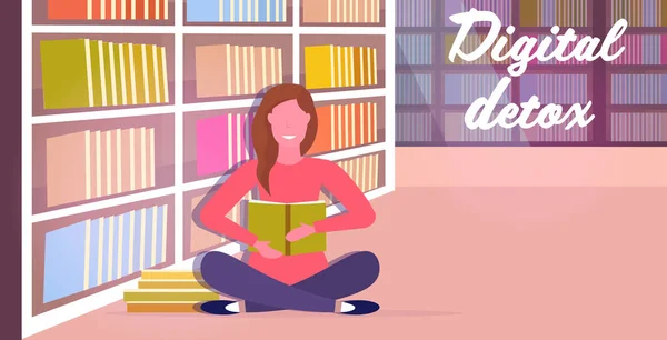 Γυναίκα ανάγνωση βιβλίο ξοδεύοντας χρόνο χωρίς συσκευές ψηφιακή detox έννοια κορίτσι εγκατάλειψη gadgets — Διανυσματικό Αρχείο