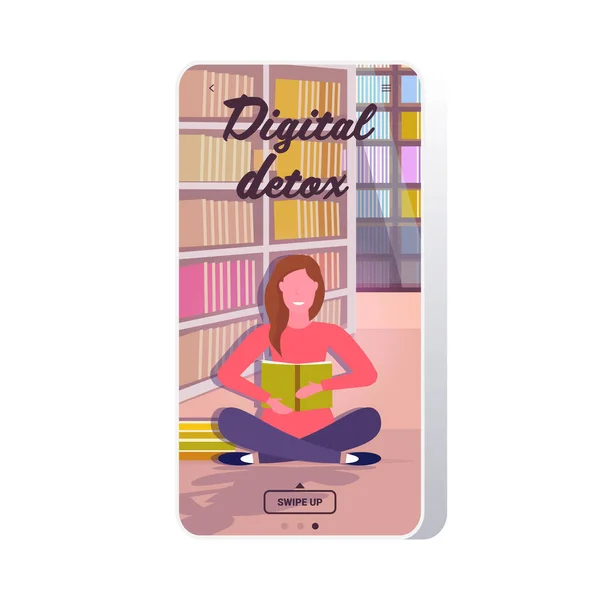 Γυναίκα ανάγνωση βιβλίο ξοδεύοντας χρόνο χωρίς συσκευές ψηφιακή detox έννοια κορίτσι εγκατάλειψη gadgets — Διανυσματικό Αρχείο
