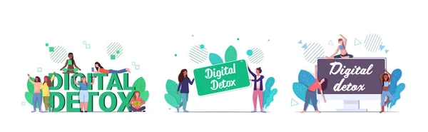 Set Mix Race Girls verbringen Zeit ohne Geräte digitales Detox-Konzept Frauen verzichten auf Gadgets — Stockvektor