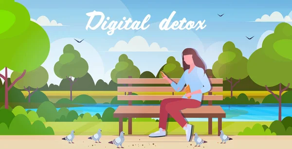 Frau füttert Taubenschar im Park und verbringt Zeit ohne Geräte digitales Entgiftungskonzept — Stockvektor