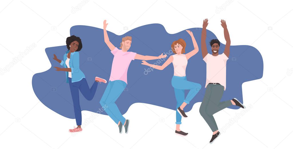 mix race people dancing men women dancers having fun enjoying dance party full length horizontal