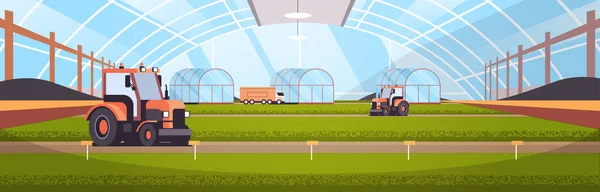 Traktory pracující na ekologických produktech průmyslové plantáže pěstování rostlin inteligentní zemědělství zemědělský koncept — Stockový vektor