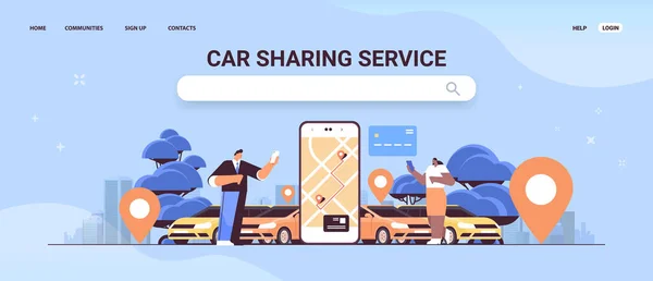 Mix race mensen bestellen auto met locatiemerk in mobiele app auto delen service transport concept — Stockvector