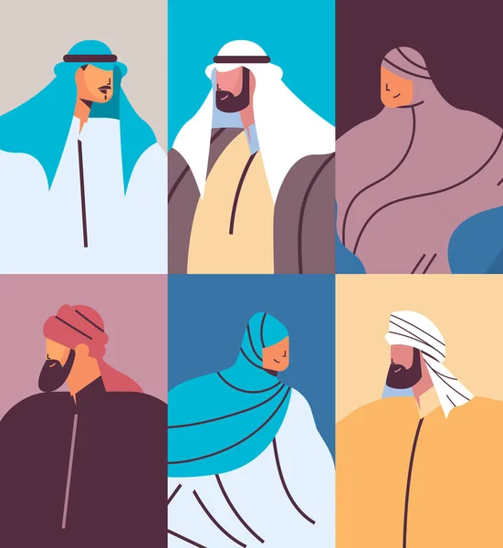 Set arabische mensen avatars collectie mannelijke vrouwelijke arabische stripfiguren in traditionele kleding portret — Stockvector