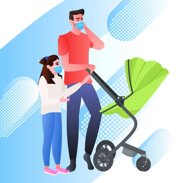 戴面具的年轻父亲，带着女儿和新生婴儿，带着婴儿车为人父母的观念 — 图库矢量图片