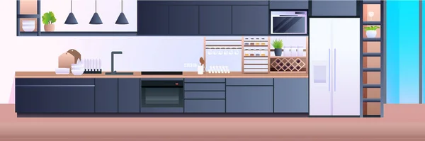 Interior dapur modern kosong tidak ada orang ruang rumah horisontal - Stok Vektor