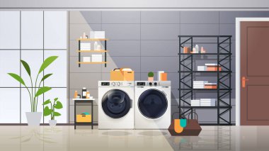 Çamaşır odasının içinde çamaşır makineleri elektrikli çamaşır makineleri ev aletleri kavramı yatay