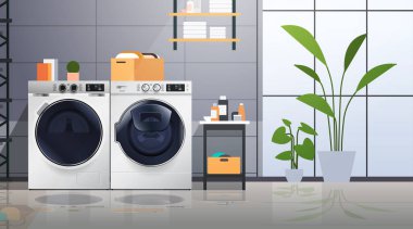 Çamaşır odasının içinde çamaşır makineleri elektrikli çamaşır makineleri ev aletleri kavramı yatay