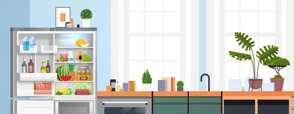 Cocina moderna interior vacío nadie apartamento con nevera abierta llena de electrodomésticos de comida fresca — Vector de stock