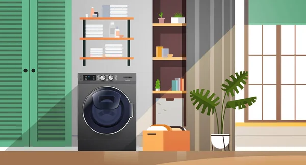 Interiör i tvättstuga med tvättmaskin elektrisk tvättmaskin hushållsapparat koncept horisontellt — Stock vektor