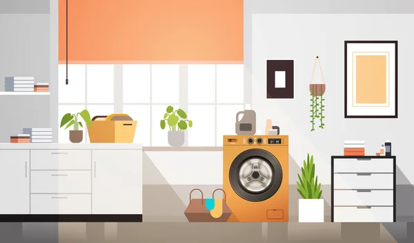 Interieur van wasruimte met wasmachine elektrische wasmachine huishoudelijke apparaat concept horizontaal — Stockvector