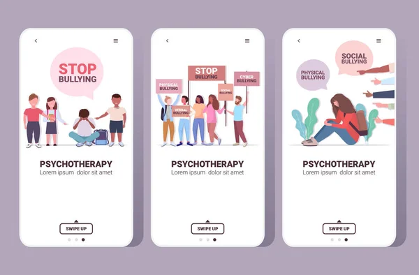 Set arrêter l'intimidation violence anxiété sociale psychothérapie concept smartphone écrans collection horizontale — Image vectorielle