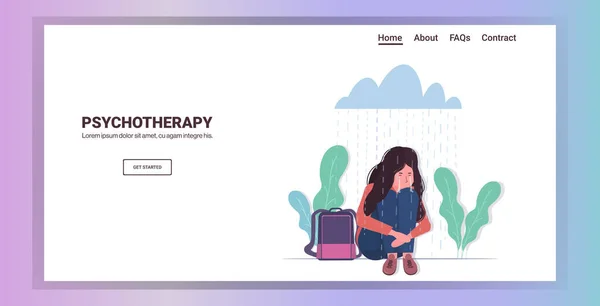 Yağmur altında oturan üzgün kadın depresyon sorunları stres psikoterapi kavramı — Stok Vektör