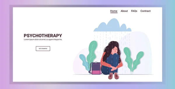 Yağmur altında oturan üzgün kadın depresyon sorunları stres psikoterapi kavramı — Stok Vektör