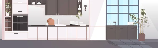 Interior dapur modern kosong tidak ada orang ruang rumah dengan furniture horisontal - Stok Vektor