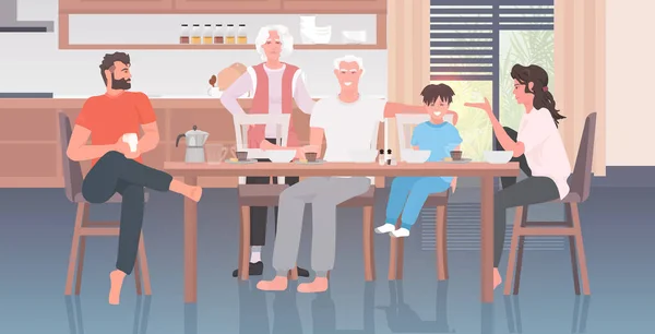 Famille multi-génération déjeuner assis à table passer du temps ensemble — Image vectorielle