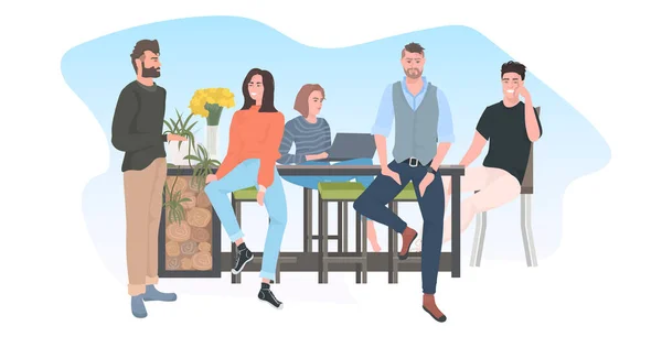 Gruppo di amici felici trascorrere del tempo insieme gli uomini donne sedute al bancone del caffè avendo comunicazione divertente — Vettoriale Stock