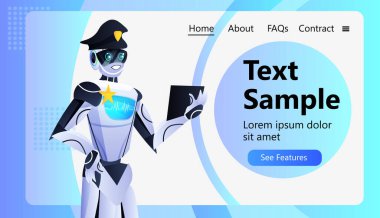Üniformalı polis robot polis, tablet bilgisayar yapay zeka teknolojisi kavramını kullanıyor.