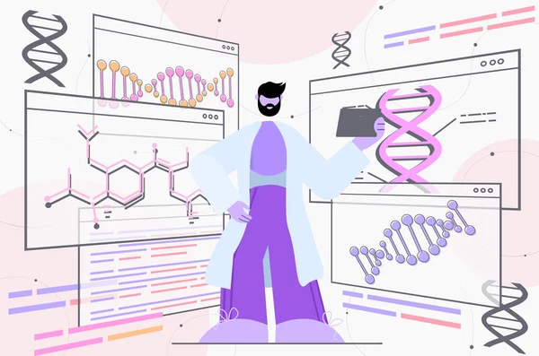 与DNA研究人员一起对实验室DNA检测基因诊断概念进行实验的男性科学家 — 图库矢量图片