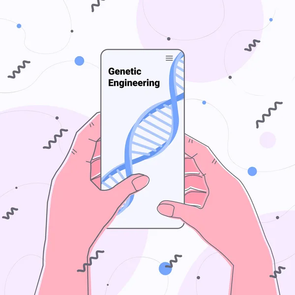 在智能手机屏幕上与DNA一起工作的科学家对实验室DNA检测基因诊断进行了实验 — 图库矢量图片