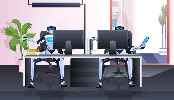 Robots assis sur le lieu de travail robotisés hommes d'affaires travaillant dans le concept de technologie d'intelligence artificielle de bureau — Image vectorielle