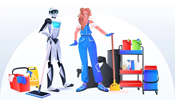 Conserje robótico con robot limpiador mujer vs humano de pie juntos servicio de limpieza tecnología de inteligencia artificial — Vector de stock