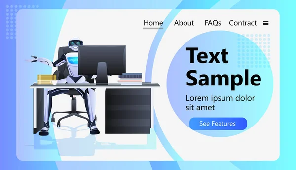 Ρομπότ που κάθεται στο χώρο εργασίας ρομποτικός επιχειρηματίας που εργάζεται στο γραφείο έννοια της τεχνητής νοημοσύνης — Διανυσματικό Αρχείο