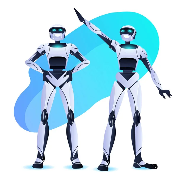Robots pareja de pie juntos modernos personajes robóticos equipo tecnología de inteligencia artificial — Vector de stock