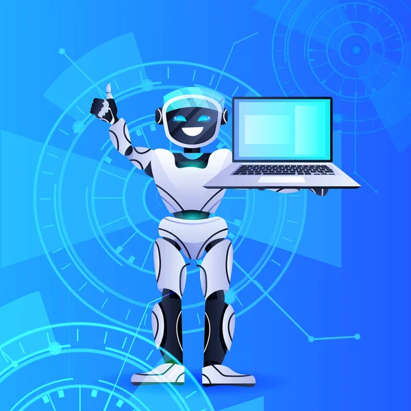 Robot chatbot asistente utilizando portátil moderno carácter robótico concepto de inteligencia artificial — Vector de stock