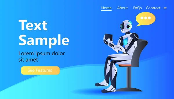 Roboter-Chatbot-Assistent mit Tablet-PC modernen Roboter-Charakter mit Chat-Blase künstliche Intelligenz-Technologie — Stockvektor