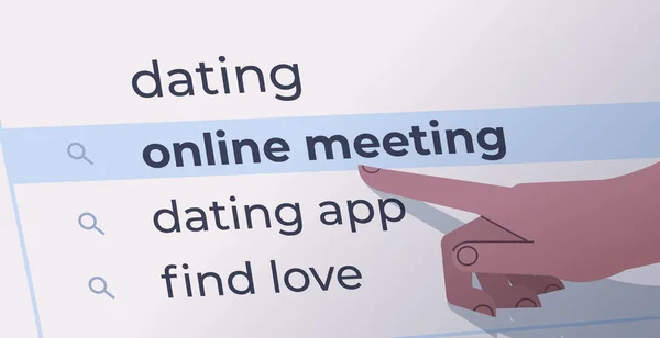 Mão humana escolher namoro na barra de pesquisa na tela virtual reunião on-line encontrar amor conceito de rede de internet —  Vetores de Stock