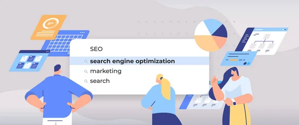 Предприниматели выбирают SEO в строке поиска на виртуальном экране поисковой оптимизации интернет-сети концепции — стоковый вектор
